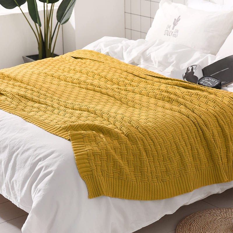 TREELY 100% Cotton Knitted Throw Blanket Couch Cover Blanket(50 x 60 Inches, Mustard Yellow) - Image 4